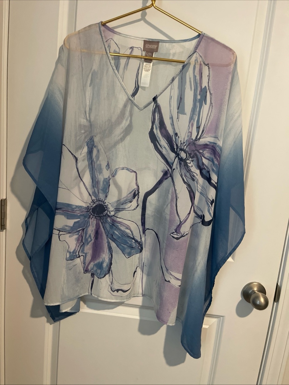 Chico's Blue Floral V-Neck Sheer Poncho Kaftan Top L/XL opens to 39 length 28